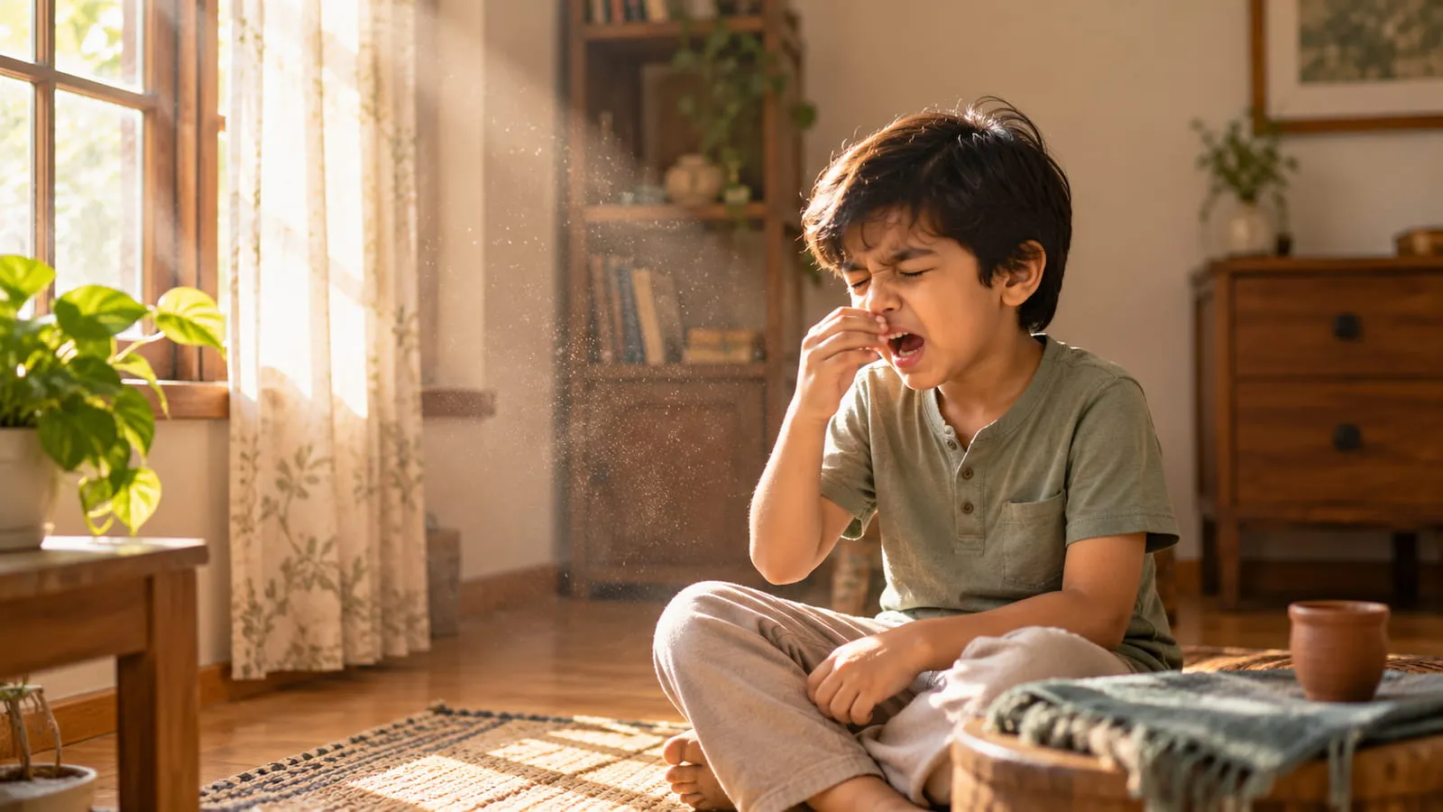 Young child mid-sneeze in a sunlit dusty room at home