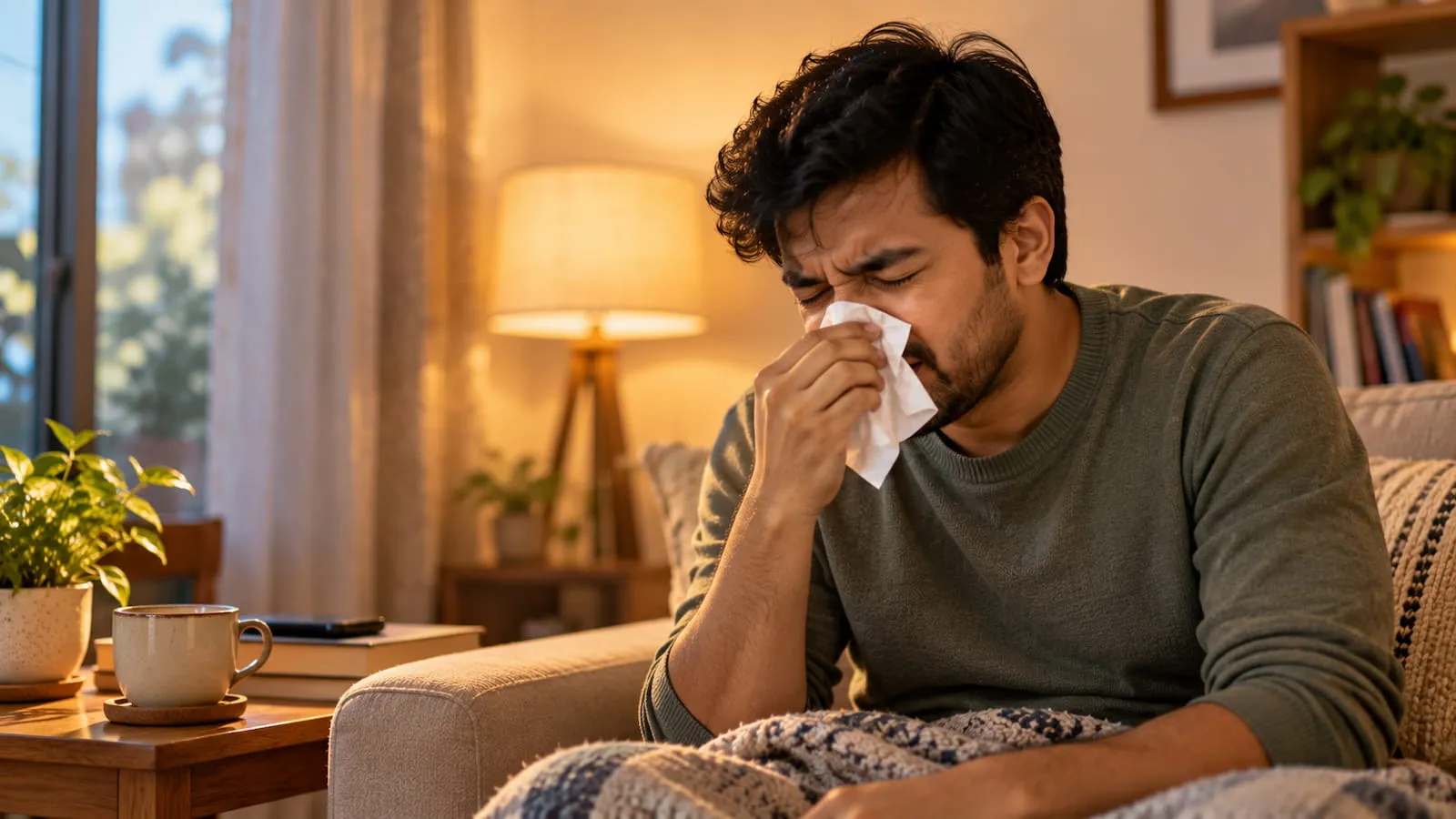 Man in his 30s mid-sneeze with a tissue at his nose, sitting on a sofa at home, looking tired