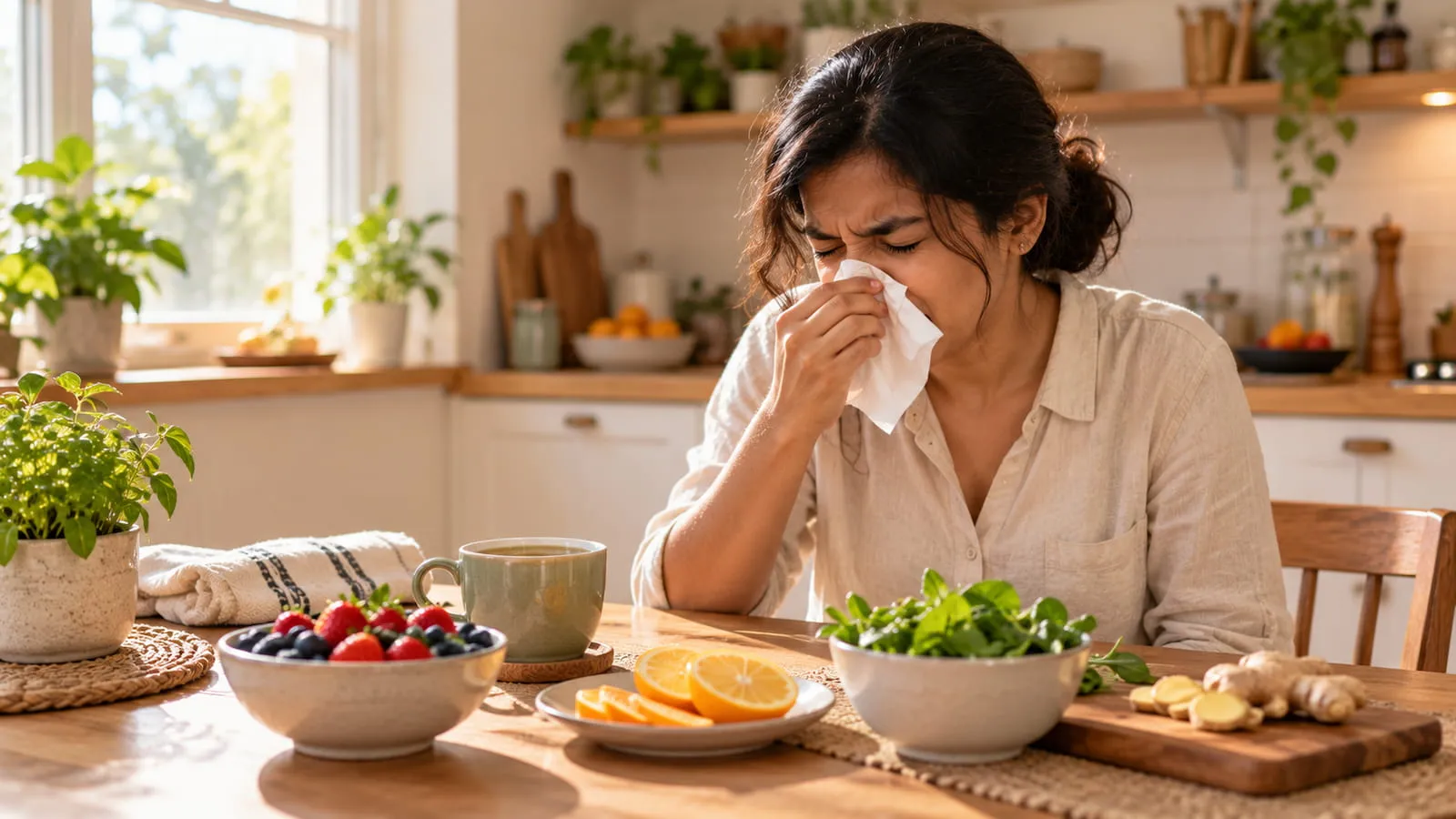 Woman mid-sneeze with a tissue at her nose at a wooden table, surrounded by fresh berries, citrus, leafy greens, and a cup of green tea
