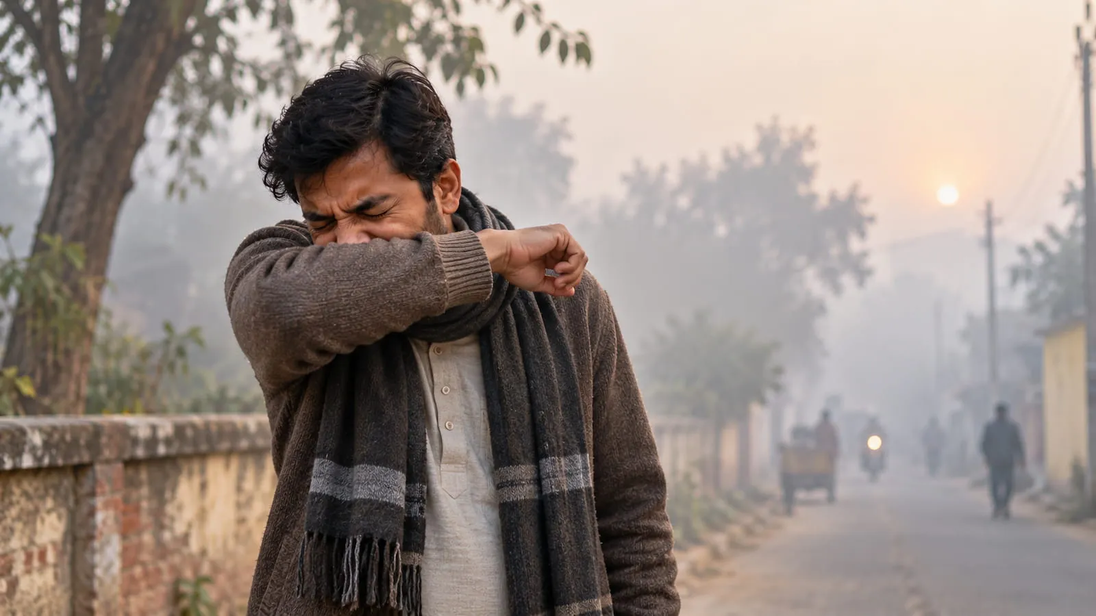 Man mid-sneeze in an Indian winter setting, with hazy dusty air and muted seasonal light