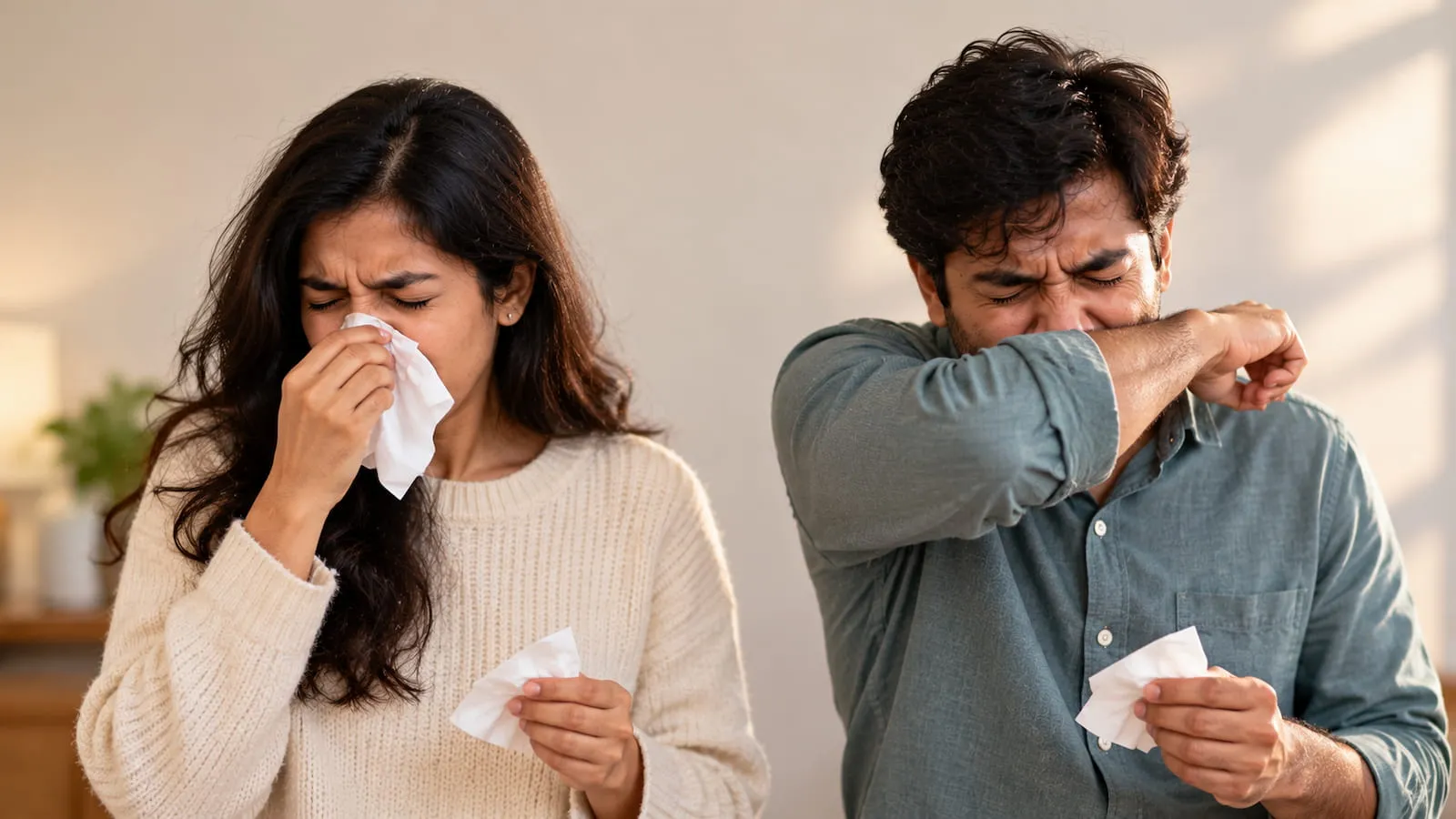 Two adults side by side, both mid-sneeze with a tissue near the face, one wearing a cream sweater and the other a sage shirt