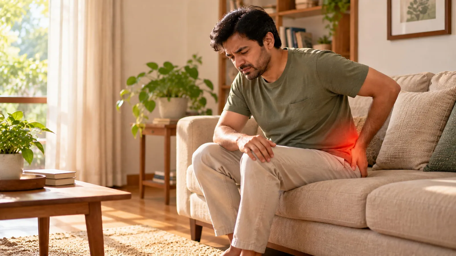 Man sitting forward on a sofa at home with one hand near his hip, indicating discomfort