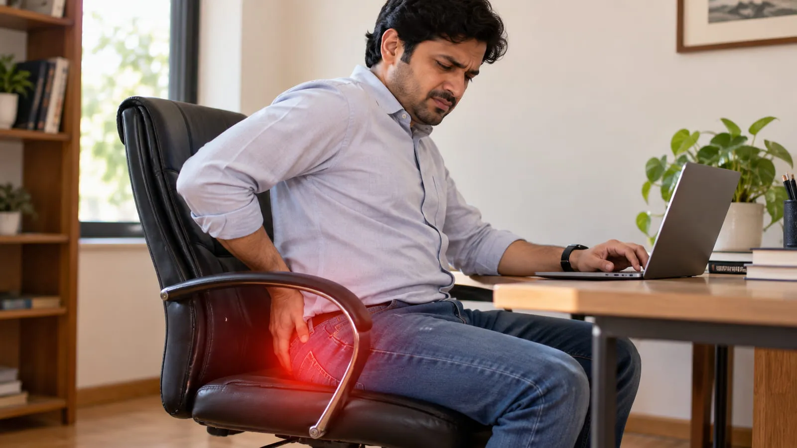 Man at his desk holding his lower back, indicating discomfort after prolonged sitting