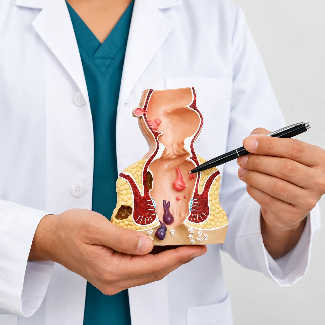 Illustration of piles (haemorrhoids) and homeopathic treatment approach.