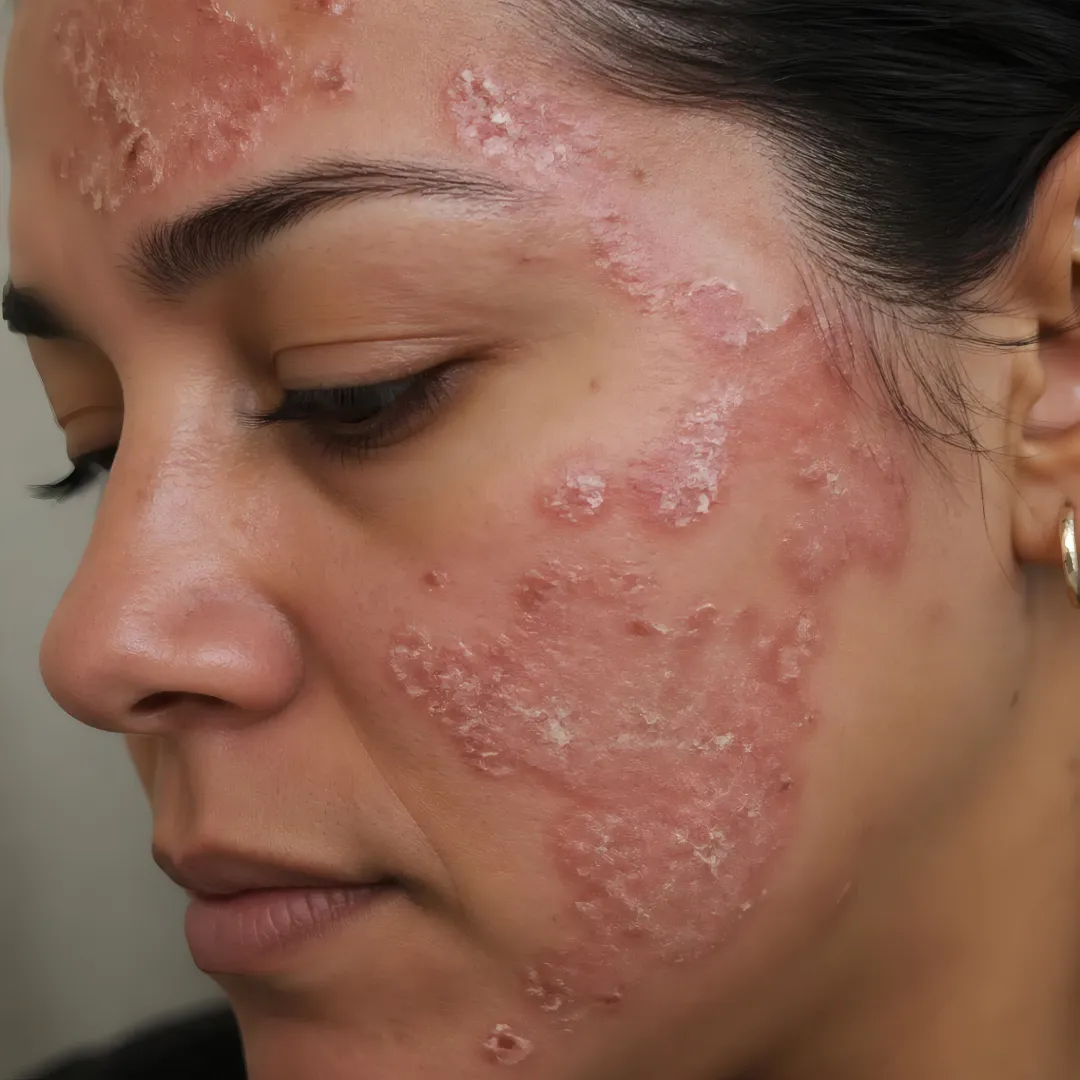 Illustration of psoriasis plaques on skin and homeopathic treatment approach.