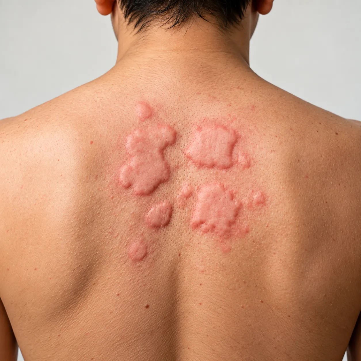 Illustration of urticaria hives on skin and homeopathic treatment approach.